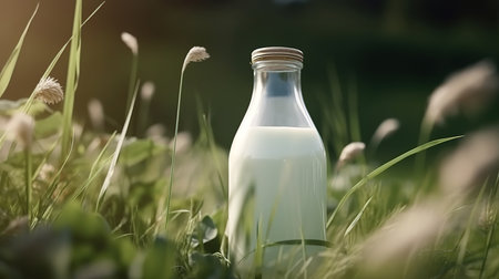 Milk bottle and glass in the nature. Generative Aiの素材