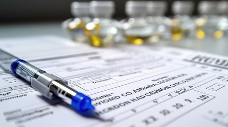 Medical injected syringe on vaccination record card. Generative Aiの素材