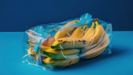 Fruits in plastic packaging from the supermarket are minimal. Banana in cellophane. Generative Aiの素材