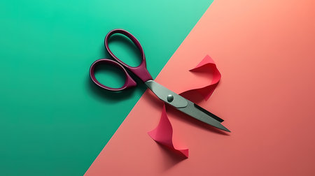 Broken heart cut with scissors on a colored background. Generative Aiの素材