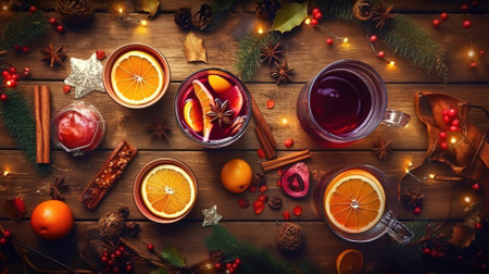 Christmas drink (winter hot drink). Mulled wine punch and spices. Generative Aiの素材