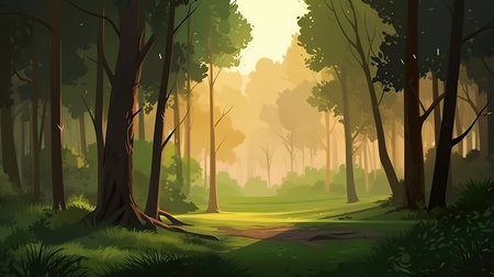 Summer forest background. Light clean summer forest with green trees and grass. Generative Aiの素材