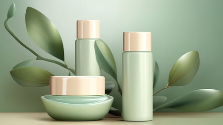 Cosmetics with eucalyptus background. Cream with oil and eucalyptus aroma. Generative Aiの素材