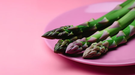 Asparagus with fork and knife on a pink background. Generative Aiの素材