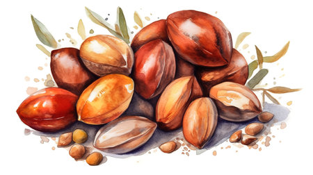 Argana, argan seeds isolated on white background. Hand drawn, watercolors. Generative Aiの素材