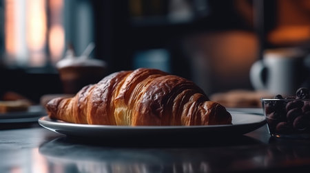 Side view of croissant decorated with chocolate on a wooden board. Generative Aiの素材