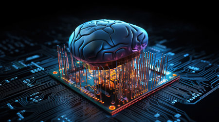 Brain on computer chip background, Bright color. Generative Aiの素材
