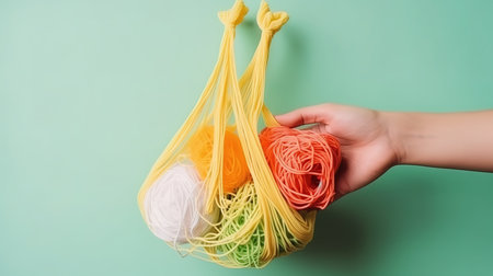 Zero waste concept. String bag in a female hand with products from the supermarket. Generative Aiの素材