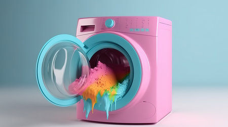 Washing machine drum. Laundry, washing powder concept. Generative Aiの素材