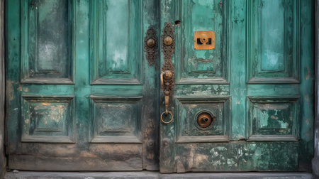 Symmetric shot of an old weathered wooden door. Generative Aiの素材