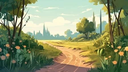 Path trail in public park among thickets of plants on a summer sunny day. Generative Aiの素材