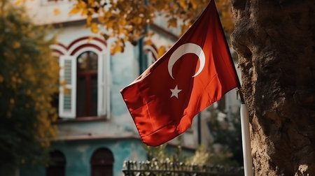 Red textile flag of Turkey on the streets of Istanbul on the holidays. Generative Aiの素材