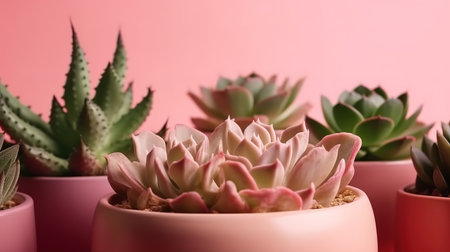Succulent plant banner background. Home plants cactus on a pink background. Generative Aiの素材