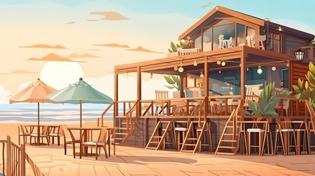 Beach bar and cafe with a terrace on the sea coast in summer. Generative Aiの素材