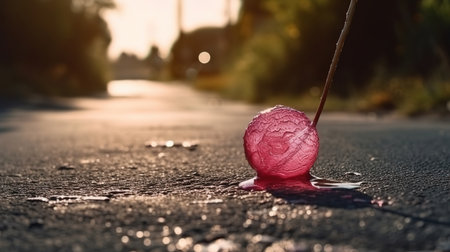 A thrown pink lollipop on a dirty road melting under the rays of the hot summer sun. Generative Aiの素材