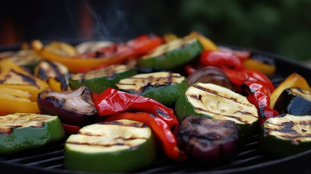 Chicken sage with potatoes bell pepper and eggplant cooked on charcoal top view. Generative Aiの素材