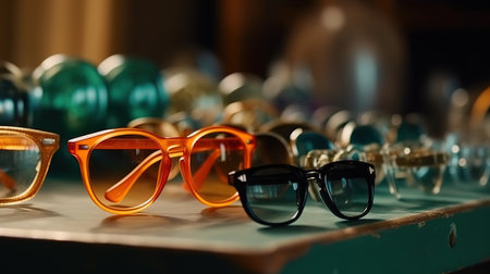 Vintage sunglasses on the counter of a flea market. Generative Aiの素材