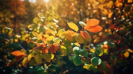 Autumn park with colorful yellow-green and red tree leaves background. Generative Aiの素材