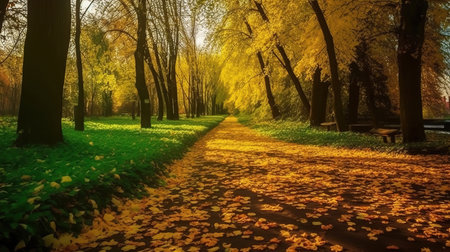 Yellow and red leaves surrounding the trees in the park. Generative Aiの素材