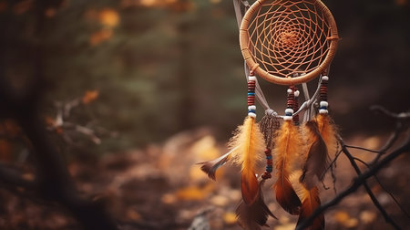 Dream catcher background. Native American decoration and shamanic item on a tree. Generative Aiの素材