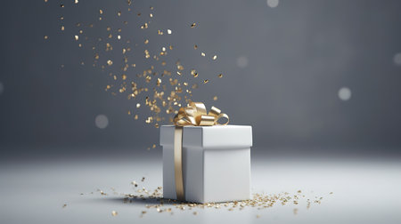 White gift box with golden ribbon bow levitating on gray background. Generative Aiの素材