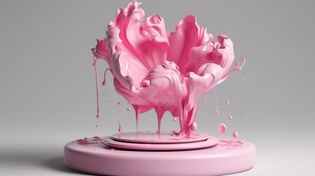 3D pink pedestal podium with liquid white splash swirl on studio. Generative Aiの素材