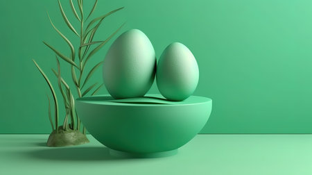 3D Easter, podium display. Green background with eggs. Generative Aiの素材