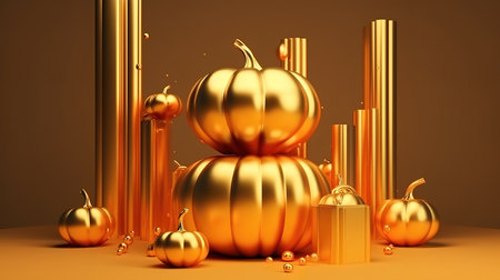 Flying, levitating pumpkin display with gold. Generative Aiの素材