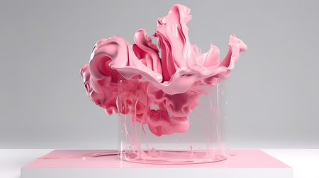 3D pink pedestal podium with liquid white splash swirl on studio. Generative Aiの素材