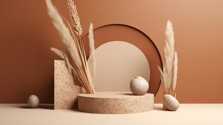 Circle wood podium in tropical forest for product presentation. Generative Aiの素材