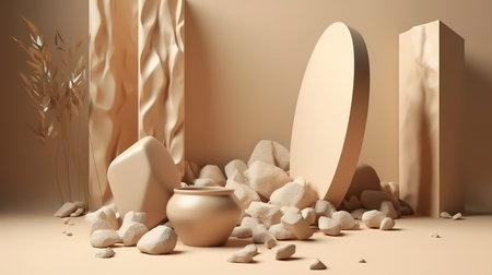 3D background, beige podium display, stone levitating. Generative aiの素材
