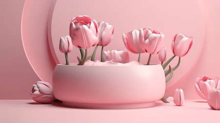 3D display podium pastel pink flower background, Tulip blossom. Generative Aiの素材