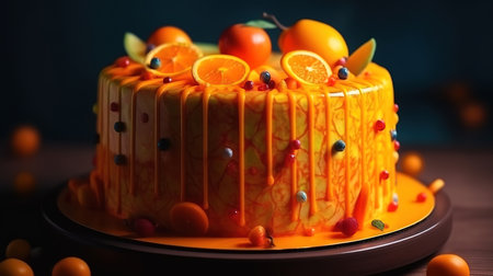 Orange dome cake on white plate. Generative aiの素材