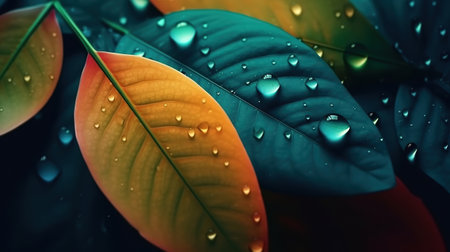 Large beautiful drops of transparent rain water on a green leaf macro. Generative aiの素材
