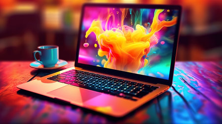 Man using laptop while having coffee in the living room. Generative aiの素材