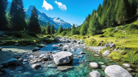 Ice water stream crossing between rocks with mountains in the background. Generative aiの素材