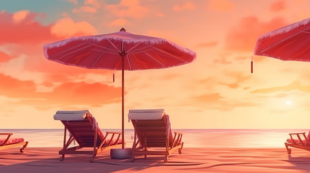 Scenic view of private sandy beach on the beach with sun beds. Generative aiの素材