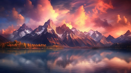 A serene lake reflecting the surrounding mountains in the early morning light. Generative aiの素材