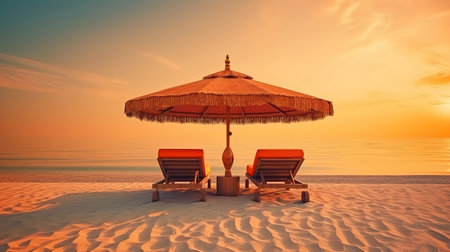 Parasol and sun bed loungers on empty tropical beach at sunset. Generative aiの素材