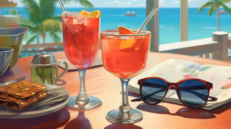 Summer holidays concept, two cocktails and sunglasses on the beach table. Generative aiの素材