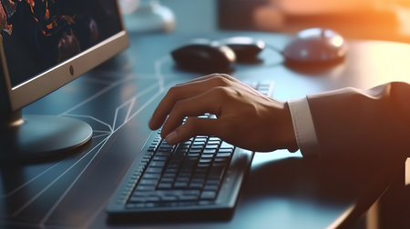 A businessman analyzing investment charts at workplace and using laptop. Generative aiの素材