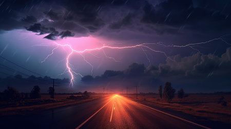 Storm, lightning over the city at night Thunderstorm light the dark cloudy sky. Generative aiの素材