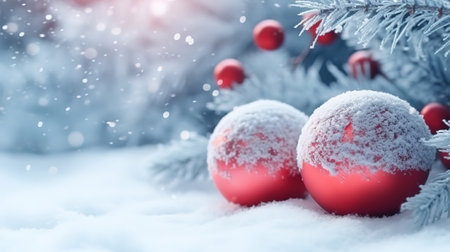 Christmas and new year holidays concept, Red balls on fir branches. Generative aiの素材