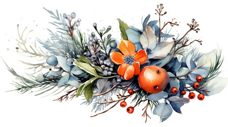 Watercolor spring bouquet of red and white roses, berries and leaves. Generative aiの素材