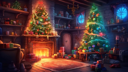 Stylish interior of living room with beautiful Christmas tree and fireplace. Generative aiの素材