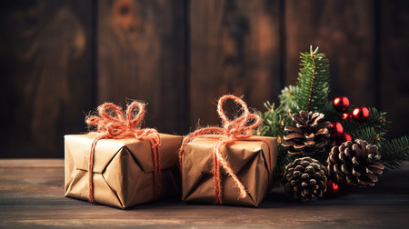 Black and brown paper christmas gift box with pine branches on dark texture surface. Generative aiの素材