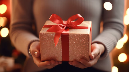 Stylish female holding present with red ribbon in festive room close up. Generative aiの素材