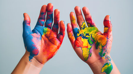 Map painted on hands showing concept, the world in our hands. Generative aiの素材