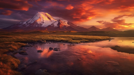 Snow mountains at sunset volcano, Kamchatka. Generative aiの素材