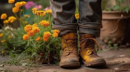 Hands of a woman gardener replant flowers in pots and old retro boots. Generative aiの素材